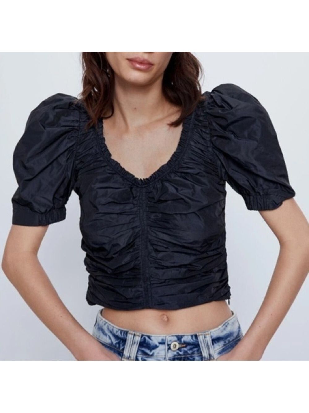 Zara Puff Sleeve Cropped Draped Ruched Black Blouse Top